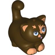 Lego Animal, Cat, Chubby with Dark Tan Spots, Bright Light Blue Eyes, Tongue print (Pixel) / Dark Brown