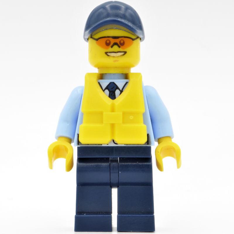 Lego Policeman, Bright Light Blue Jacket with Zipper, Radio, Badge, and Tie, Dark Blue Legs, Dark Blue Cap, Yellow Life Vest, Orange Sunglasses