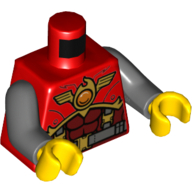 Lego Torso Armor with Belt, Suspenders and Fire Chi Emblem Print, Dark Bluish Gray Arms, Yellow Hands / Red
