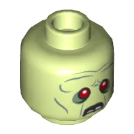 Minifig Head Zombie (Zeke), Red Eyes, Frowning, Broken Teeth, Stitching and 2 Buttons on Back Print [Hollow Stud] / Yellowish Green