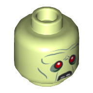 Lego Minifig Head Zombie (Zeke), Red Eyes, Frowning, Broken Teeth, Stitching and 2 Buttons on Back Print [Hollow Stud] / Yellowish Green