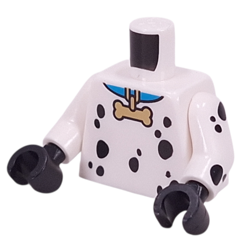 Lego Torso, Black Dalmatian Spots, Blue Collar, Gold Bone Pendant print, White Arms, Black Hands / White