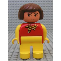 Duplo Figure, Early, Hair Bob Brown, Yellow Legs, Yellow Arms, Yellow Scarf with Red Dots, No White in Eyes Print / Red