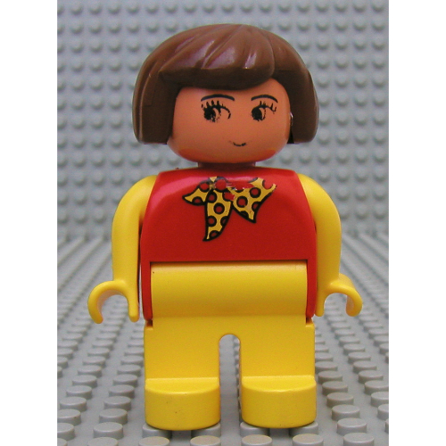 Lego Duplo Figure, Early, Hair Bob Brown, Yellow Legs, Yellow Arms, Yellow Scarf with Red Dots, No White in Eyes Print / Red