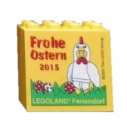 Brick 2 x 4 x 3 with 'LEGOLAND Feriendorf Frohe Ostern 2015' Print / Yellow