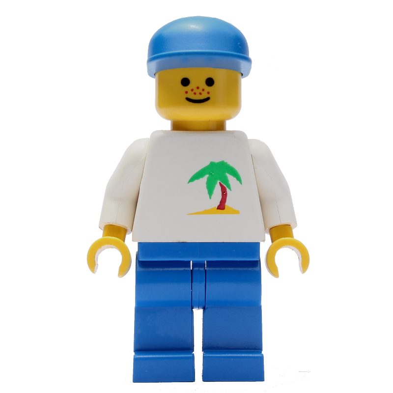 Lego Man - White Torso with Palmtree, Blue Legs, Blue Cap