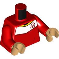 Lego Torso Soccer Shirt, White Top, Yellow Collar, Dice Logo print, Red Arms, Warm Tan Hands / Red