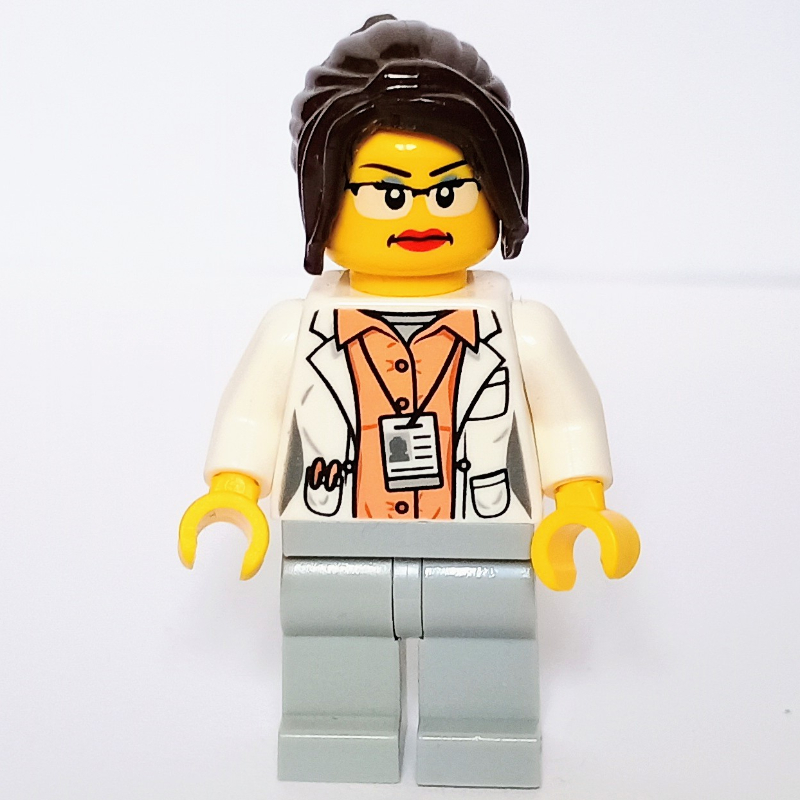 Lego White Torso Lab Coat, Light Bluish Grey Legs, Dark Brown Hair