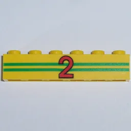 Brick 1 x 6 with 2 Green Stripes and Red '2' Print / Yellow