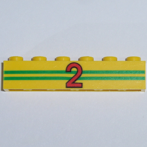Lego Brick 1 x 6 with 2 Green Stripes and Red '2' Print / Yellow
