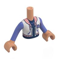 Lego Minidoll Torso Girl with Nougat Arms and Hands with White Jacket, Warm Pink Collar, Laces, Blue Violet Sleeves, Dark Blue Shirt print / Nougat