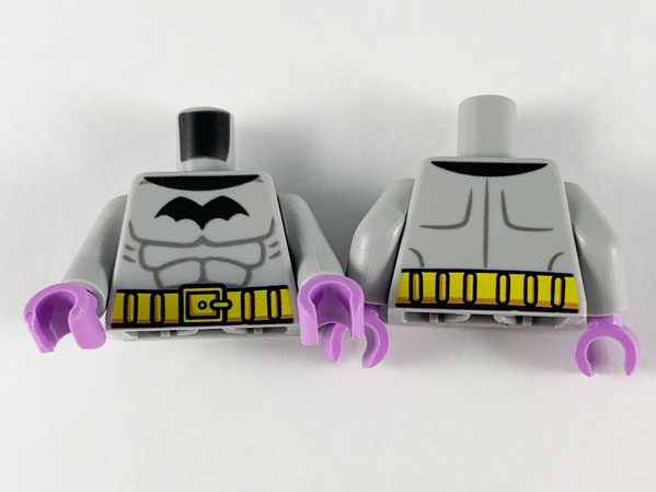 Lego Torso Black Bat, Dark Bluish Gray Muscle Contours, Yellow Utility Belt Pattern / Light Bluish Gray Arms / Medium Lavender Hands