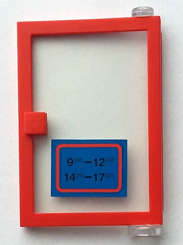 Lego Door 1 x 4 x 5 Right with Trans-Clear Glass and Blue Open Hours '9-12 / 14-17' Pattern (Sticker) - Set 6373