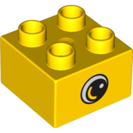 Lego Duplo Brick 2 x 2 with Eye with White Spot and Varied Color Curve inside a Black Circle Print on Both Sides / Yellow