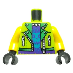 Torso, Jacket, Bright Green Collar, Zippers, Dark Purple Shirt Shirt, Azure Skull Print, Yellow Arms, Black Hands / Lime