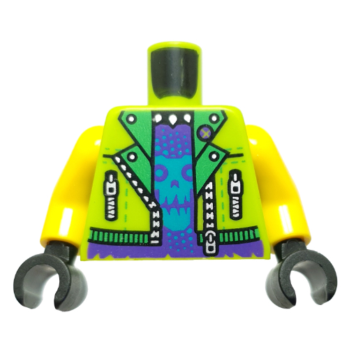 Lego Torso, Jacket, Bright Green Collar, Zippers, Dark Purple Shirt Shirt, Azure Skull print, Yellow Arms, Black Hands / Lime