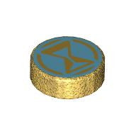Lego Tile Round 1 x 1 with Medium Azure Hourglass print / Pearl Gold