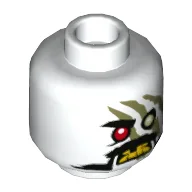 Minifig Head Iron Baron, One Red Eye, One Green Eye, Angry, Yellow Teeth, Olive Green Markings Print [Hollow Stud] / White