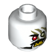 Lego Minifig Head Iron Baron, One Red Eye, One Green Eye, Angry, Yellow Teeth, Olive Green Markings Print [Hollow Stud] / White