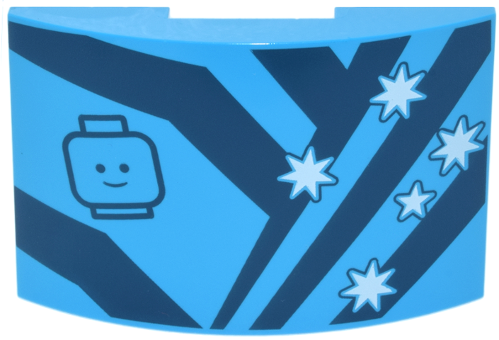 Lego Slope, Curved 6 x 4 Double with White Stars and Dark Blue Minifigure Head and Diagonal Angled Stripes Pattern