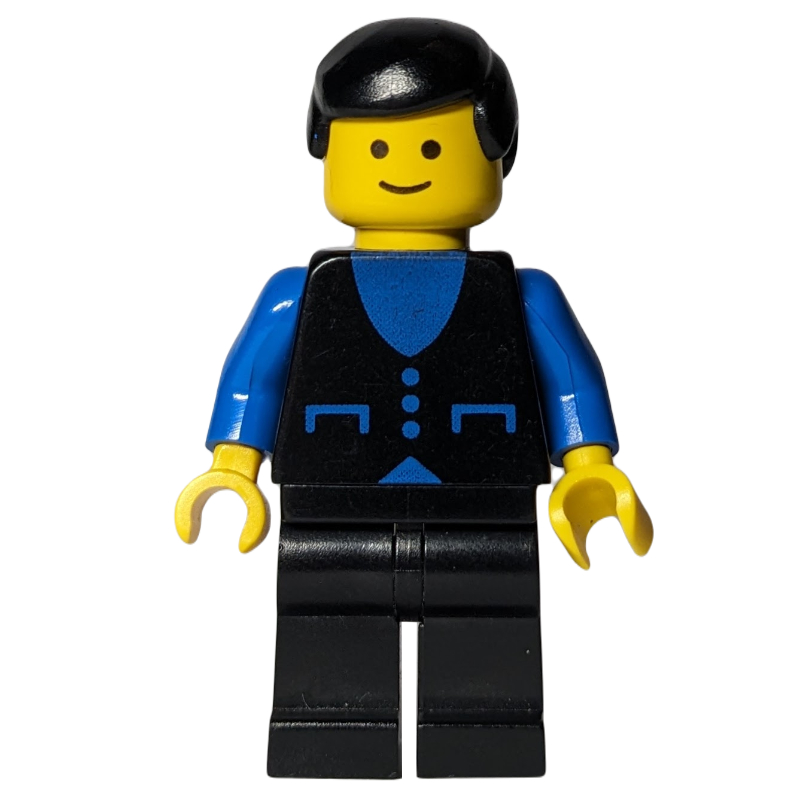Lego Man, Black Vest over Blue Shirt, Black Legs, Black Hair