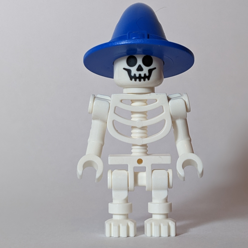 Lego Skeleton, Standard Face, Bent Arms, Blue Wizard Hat