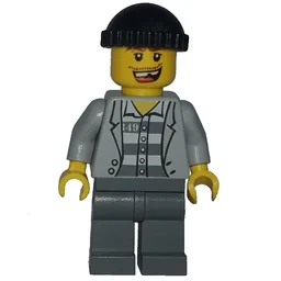 Criminal, Open Light Bluish Gray Jacket over Prison Shirt, Dark Bluish Gray Legs, Black Hat, Missing Tooth (3626b Head)