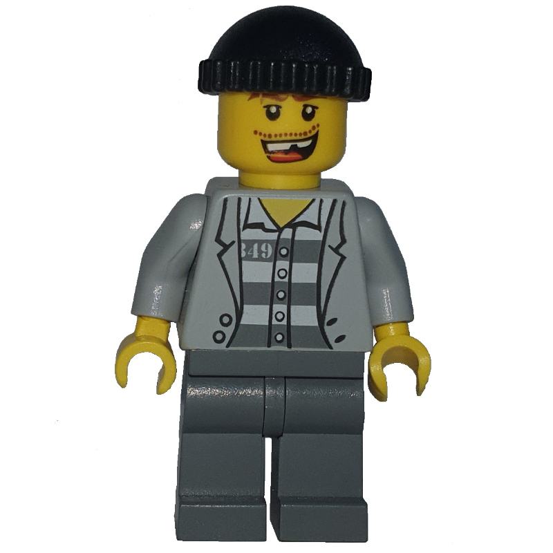 Lego Criminal, Open Light Bluish Gray Jacket over Prison Shirt, Dark Bluish Gray Legs, Black Hat, Missing Tooth (3626b Head)