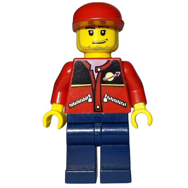 Lego Man, Red Jacket with Classic Space Logo, Red Cap, Stubble