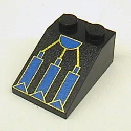 Brick Sloped 33° 3 x 2 with RoboForce Blue and Gold Mechanical Foot Print / Black