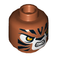Lego Minifig Head Trakkar, Tiger with Orange Eyes, White Face, Fangs and Black Stripes Print [Hollow Stud] / Dark Orange