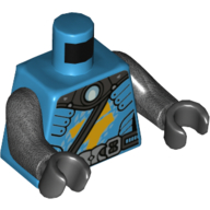 Lego Torso Armor, Dark Bluish Gray Collar with Circle, Shoulder Strap, Belt with Buckle Print, Pearl Titanium Arms, Black Hands / Dark Azure