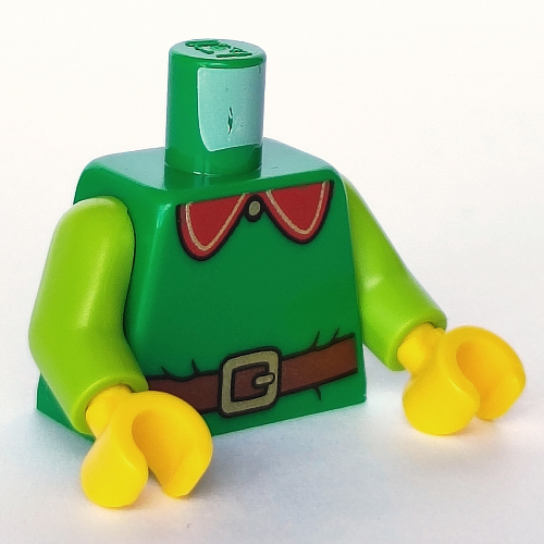 Lego Torso Jacket with Large Rounded Red Collar, Reddish Brown Belt print, Lime Arms, Yellow Hands / Green