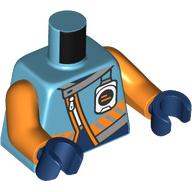 Lego Torso, Jacket, Orange Stripes, Dark Blue Shirt, White Zipper, Communication Device, Orange Arms, Dark Blue Hands / Medium Azure
