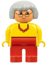 Duplo Figure, Female, Red Legs, Yellow Top with Red Necklace, Light Gray Hair, Glasses