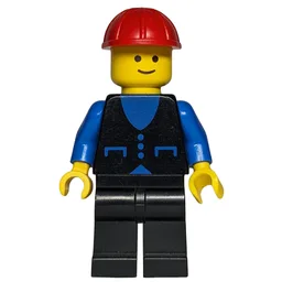 Man, Black Vest over Blue Shirt, Black Legs, Red Hard Hat