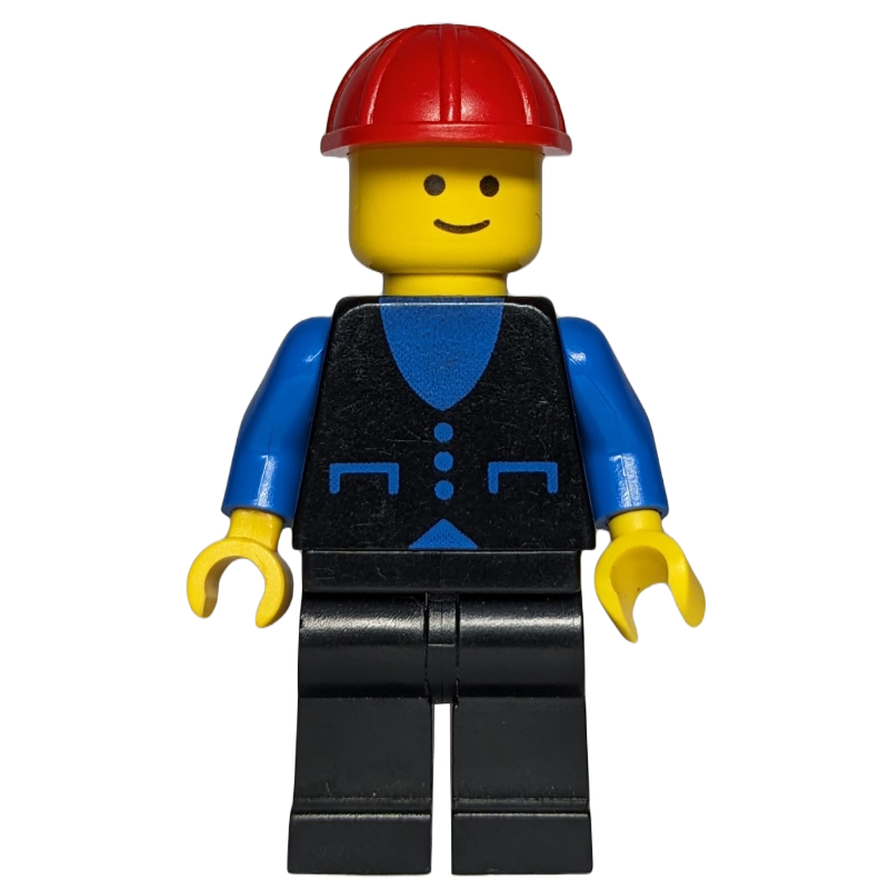 Lego Man, Black Vest over Blue Shirt, Black Legs, Red Hard Hat