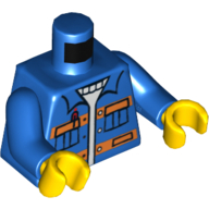 Lego Torso Jacket with Pockets & Pen over Sweater, Orange Stripes Print, Blue Arms, Yellow Hands / Blue