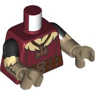 Lego Torso, Dual Molded Arms with Reddish Brown Belts, Pockets, Copper Belt Buckle, Axe Pendant, Horn on Back print, Black Sleeves Pattern, Dark Tan Arms and Hands / Dark Red