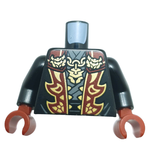 Lego Torso, Robe, Dark Red Gold Lapel, Dark Bluish Grey Shirt, Gold Pendant, Gold Dragon on Back print, Black Arms, Dark Red Hands / Black