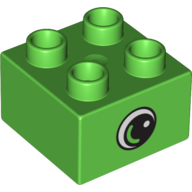 Lego Duplo Brick 2 x 2 with Eye with White Spot and Varied Color Curve inside a Black Circle Print on Both Sides / Bright Green