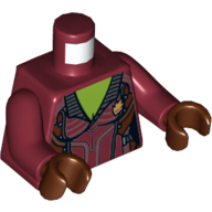 Lego Torso Jacket Open Collar with Silver Buttons and Gold Badge, Lime Chest Print, Dark Red Arms, Reddish Brown Hands / Dark Red