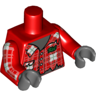 Lego Torso Plaid Shirt, Tattered with Green 'Kel' Print, Red Arms with Plaid Print, Dark Bluish Gray Hands / Red