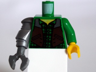Lego Torso Checkered Shirt and Dark Brown Vest Pattern (Jack McHammer) / Green Arm and Yellow Hand Left / Flat Silver Mech Arm and Dark Bluish Gray Claw Right