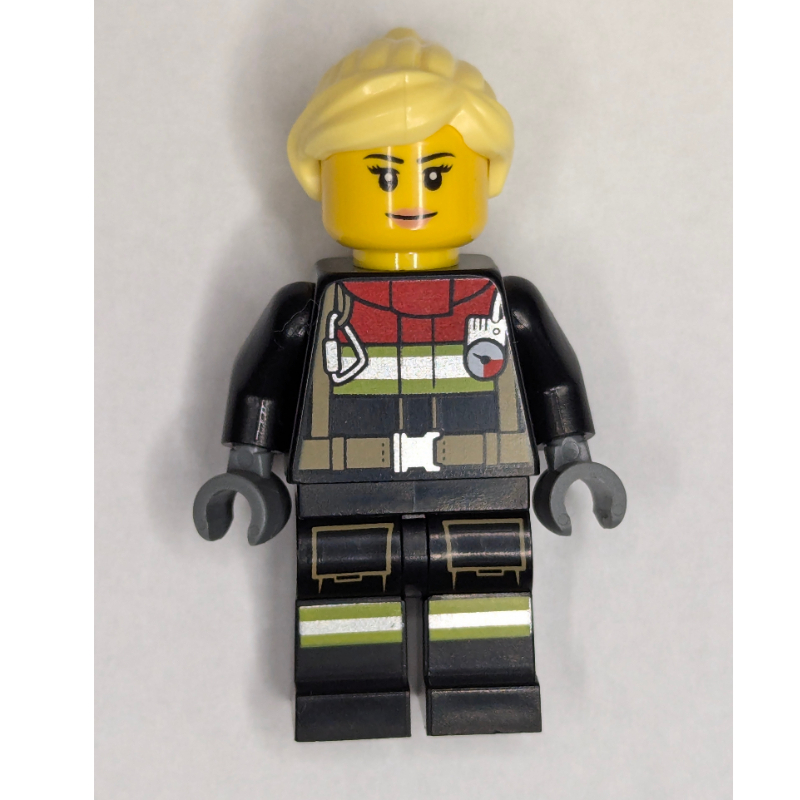 Lego Firefighter, Black Fire Suit, Bright Light Yellow Ponytail Hair