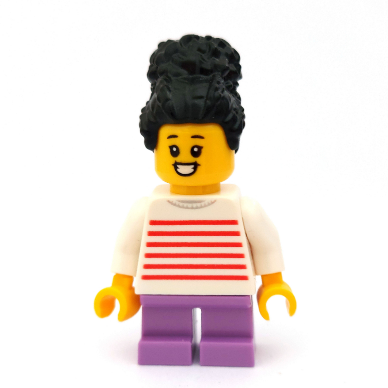 Lego Girl, White and Red Striped Top, Short Medium Lavender Legs, Black Hair