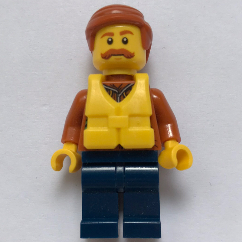 Lego Explorer, Jacket with Pouches, Radio, and Rope, Dark Orange Hair, Yellow Life Vest, Moustache