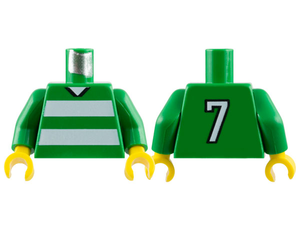 Lego Torso Soccer Uniform Shirt with White Horizontal Stripes, Neck, and Number  7 on Back Pattern / Green Arms / Yellow Hands