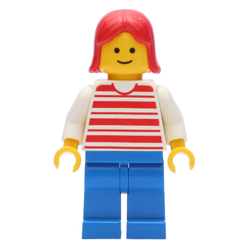 Lego Woman, Red and White Striped Shirt, Blue Legs, Red Hair