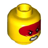 Minifig Head Harumi, Dual Sided, Red Markings over Eyes, Open Mouth with Teeth, Grimace / Frown with Peach Lips Print [Hollow Stud] / Yellow